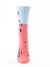 Front view of a blue and coral sock featuring a person in a hammock and I heard you and I don't care text.