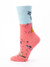Other side view of a blue and coral sock featuring a tree, mushrooms, and an animal graphic.