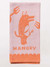 Folded pink dish towel featuring an orange hangry wolf graphic and text.