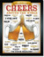 Retro style metal sign featuring two foaming beer mugs clinking, surrounded by different ways to toast cheers around the world.