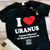 Black women's v-neck t-shirt with a white and red I Heart Uranus graphic from Uranus Fudge Factory.