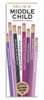Front packaging of a novelty Pencils for the Middle Child set with funny quotes.