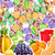 A colorful collage featuring a pile of wrapped saltwater taffy in bright summer shades of purple, yellow, orange, and green, layered over images of fresh fruit including pineapple, purple grapes, oranges, watermelon slices, and cantaloupe.