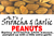 Sriracha & garlic peanuts banner showcasing seasoned spicy snacks above a product label by Uranus Fudge Factory.