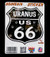 Route 66 souvenir sticker featuring a bullet-ridden black shield design with Uranus US 66 text against a black background Uranus Fudge Factory.