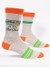 Gray crew socks with a funny "Ringmaster of the Shit Show" slogan on a plain white background.