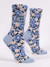 Light blue floral novelty crew socks with a funny sassy slogan text over a clean white background.