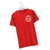 Red t-shirt featuring a white Uranus Fire Dept logo printed on a white hanger by Uranus Fudge Factory.