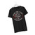 Black t-shirt featuring the original Uranus retro rocket graphic printed on a white hanger by Uranus Fudge Factory.