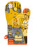 Golden-yellow oven mitt with 1950s-style illustration of a man cooking at a stove with metal pots and pans hanging overhead. 