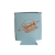Light blue can cooler featuring an orange rocket ship logo by Uranus Fudge Factory.