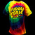 Rainbow tie-dye t-shirt featuring a Fudge Yeah rocket logo isolated on black by Uranus Fudge Factory.