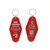 Front and back of a red Inn Uranus vintage motel keychain on a white background by Uranus Fudge Factory.