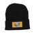Black ribbed knit winter beanie hat with rectangular rocket logo patch from Uranus Fudge Factory.