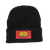 A black ribbed knit beanie hat against a white background. The folded cuff features a rectangular red patch. In the center of the patch is a yellow oval logo reading "URANUS GAS 'N LUBE COMPANY".