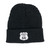 Black ribbed knit winter beanie with white Route 66 shield logo patch from Uranus Fudge Factory.