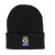 A solid black knit beanie displayed against a plain white background. Sewn onto the front of the folded cuff is a custom-shaped patch featuring a cartoon mascot. The mascot is a smiling man with a brown beard giving two thumbs up. He is wearing a starry blue cowboy hat, a matching starry blue shirt, a red and white striped sash, and red boots. He stands on a solid blue rectangular base that reads "REX URANUS" in white text.