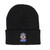 Black knit winter beanie hat with a Rex Uranus mascot logo patch from Uranus Fudge Factory.