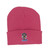 Pink knit winter beanie hat with a Rex Uranus mascot logo patch from Uranus Fudge Factory.