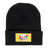 Black knit winter beanie hat with rectangular rocket logo patch from Uranus Fudge Factory.