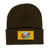 Olive green knit winter beanie hat with rectangular rocket logo patch from Uranus Fudge Factory.