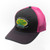 Angled view of dark grey and pink trucker hat with Gas N Lube embroidered logo from Uranus Fudge Factory.