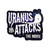 Black sticker featuring white dripping "Uranus Attacks" logo with alien snail and Route 66 from Uranus Fudge Factory
