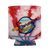 Reverse side of the patriotic tie-dye can koolie with the Uranus Fudge Factory & General Store logo and website URL