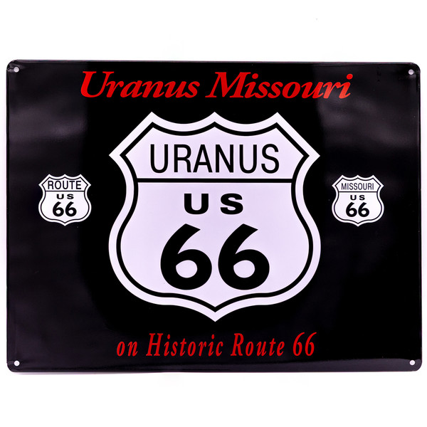 A black rectangular metal sign featuring a large custom Uranus US 66 highway shield flanked by two smaller shields
