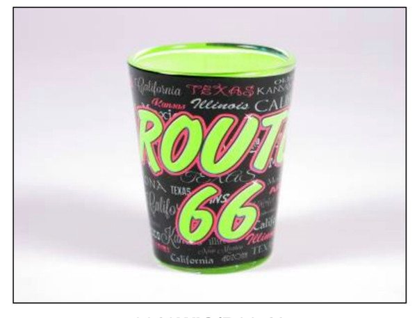 A black souvenir shot glass featuring neon green and pink Route 66 text over a background of state names