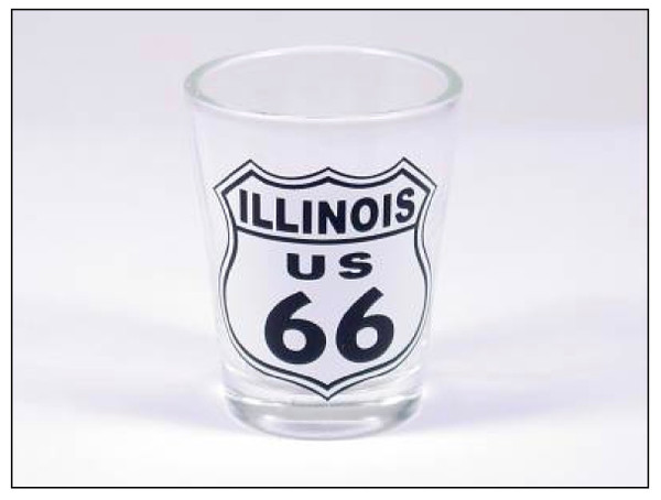 Image 1: Product Shot (image_eaf34f.png) A clear glass souvenir shot glass featuring a black and white Illinois US 66 highway shield design