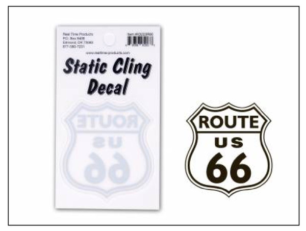 A black and white Route US 66 highway shield static cling decal displayed next to its white packaging card
