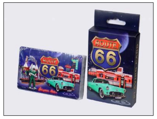 A shrink wrapped deck of Route 66 playing cards and its dark blue box featuring a vintage teal car and diner