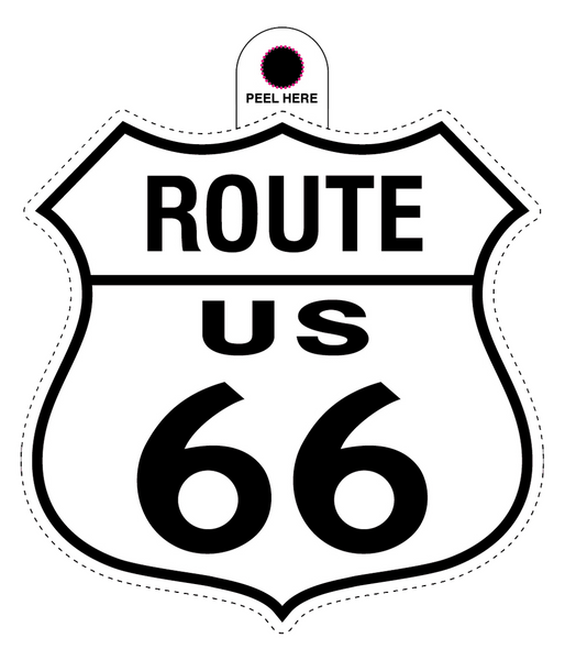 Route 66 road sign sheild sticker in white with black text and outline. 