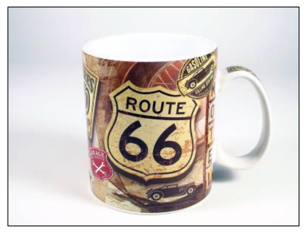 A white ceramic souvenir mug wrapped in a vintage sepia-toned collage design featuring a prominent Route 66 shield