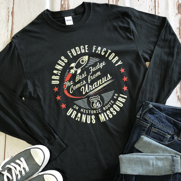 Black Best Fudge long-sleeved t-shirt styled with jeans from Uranus Fudge Factory