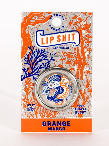 A package for Orange Mango "Lip Shit" lip balm tin by Uranus Fudge Factory.