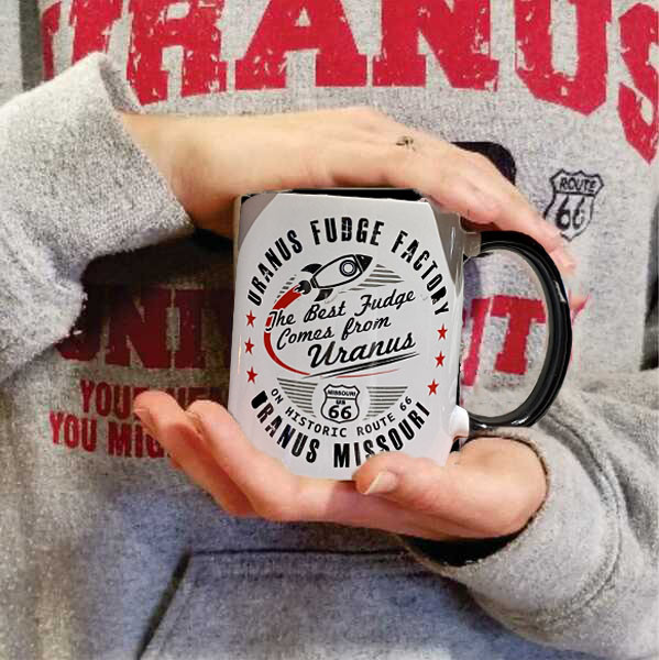 Best Fudge coffee mug with black handle from Uranus Fudge Factory