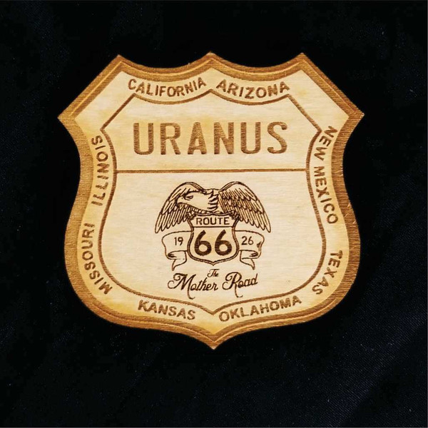 Wooden shield souvenir magnet featuring a Route 66 eagle graphic and state names from Uranus Fudge Factory.