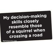 Novelty sticker featuring a humorous quote about squirrel decision-making.