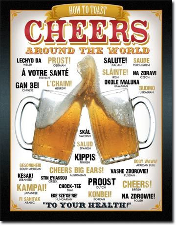 Retro style metal sign featuring two foaming beer mugs clinking, surrounded by different ways to toast cheers around the world.