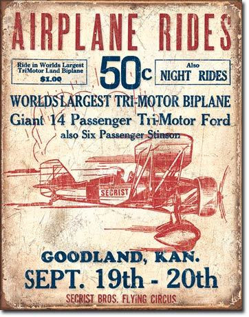 Weathered vintage style metal sign advertising airplane rides from Secrist Bros Flying Circus for fifty cents.