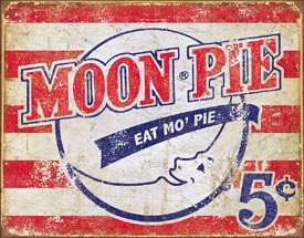 Weathered vintage style metal sign for Moon Pie featuring a five cent price and a red and white striped background.