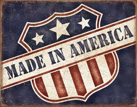 Distressed vintage style metal sign featuring an American flag shield design with Made In America text.