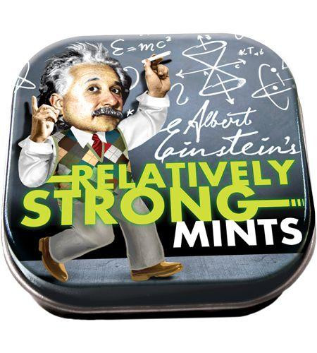 A novelty tin of Albert Einstein's Relatively Strong Mints featuring the physicist at a chalkboard
