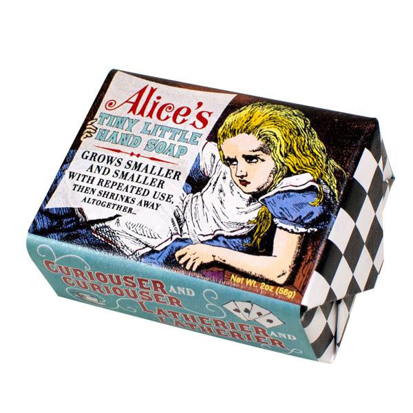 A boxed bar of Alice's Tiny Little Hand Soap featuring vintage illustrations from Alice in Wonderland