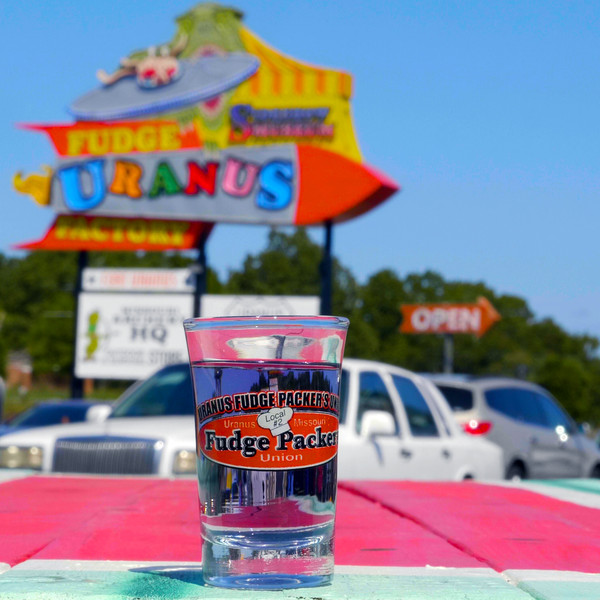 Fudge Packers Union Local #2 2oz souvenir shot glass from Uranus Fudge Factory
