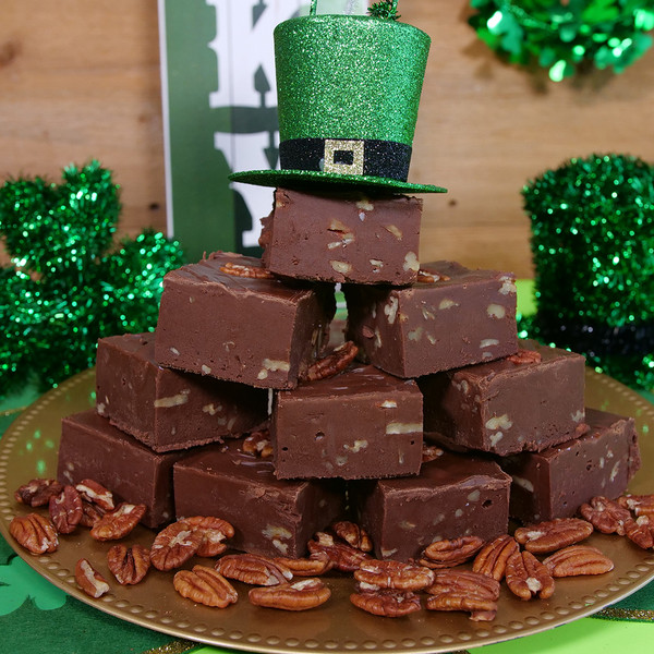 Chocolate Pecan Fudge from Uranus on a platter with ST. Patrick's Day decor.