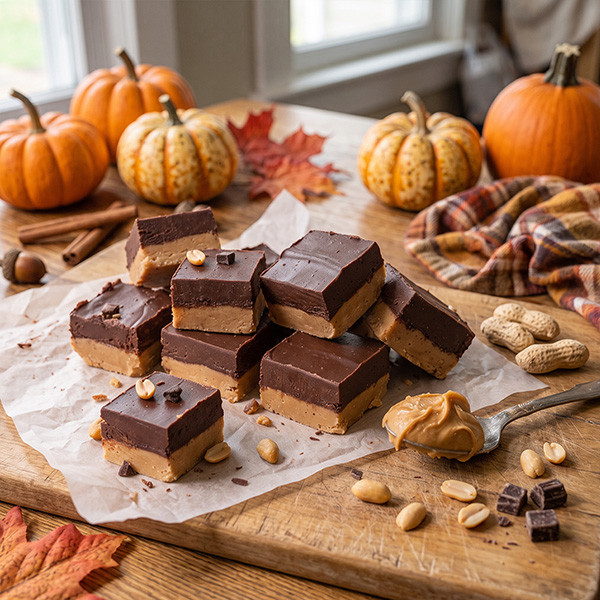 Layered chocolate peanut butter fudge squares on parchment with pumpkins and peanuts, fall table setting