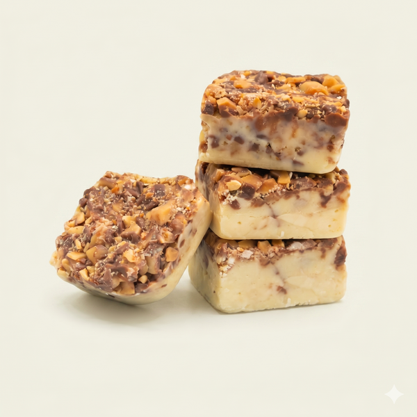 A stack of three square pieces of toffee fudge topped with crushed toffee and chocolate bits, with a fourth piece leaning against the base, set against a solid off-white background.
